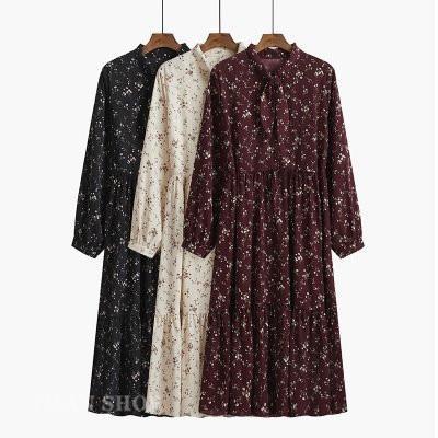 Rakuten - ワンピース レディース シフォンワンピース 長袖 ロング丈 ワンピ 花柄 ハイウエスト 蝶結び インナー ゆったり 大きいサイズ 体型カバー 着痩せ レトロ 可愛い