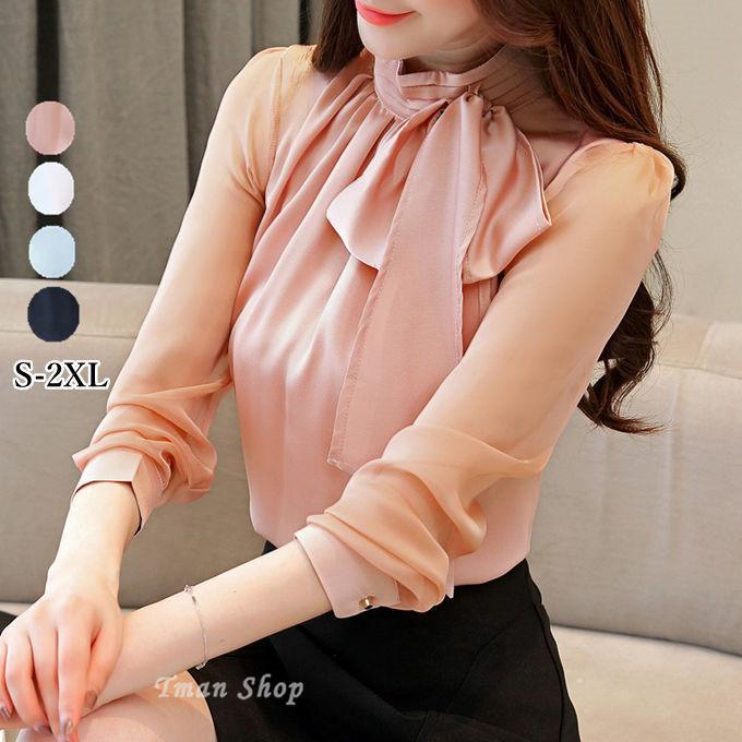 Rakuten - シフォンブラウス レディース ブラウス プルオーバー ハイネック 蝶結び 4色 OL通勤 フォーマル 透け感 ボウタイ付き 無地 ゆったり 着痩せ セクシー トップス