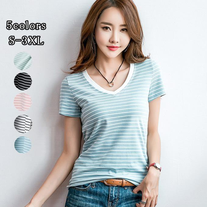 Rakuten - Tシャツ レディース トップス 半袖 ボーダーシャツ Vネック カジュアル 綿100% 伸縮性 着痩せ お洒落 夏 夏物 新作 tman