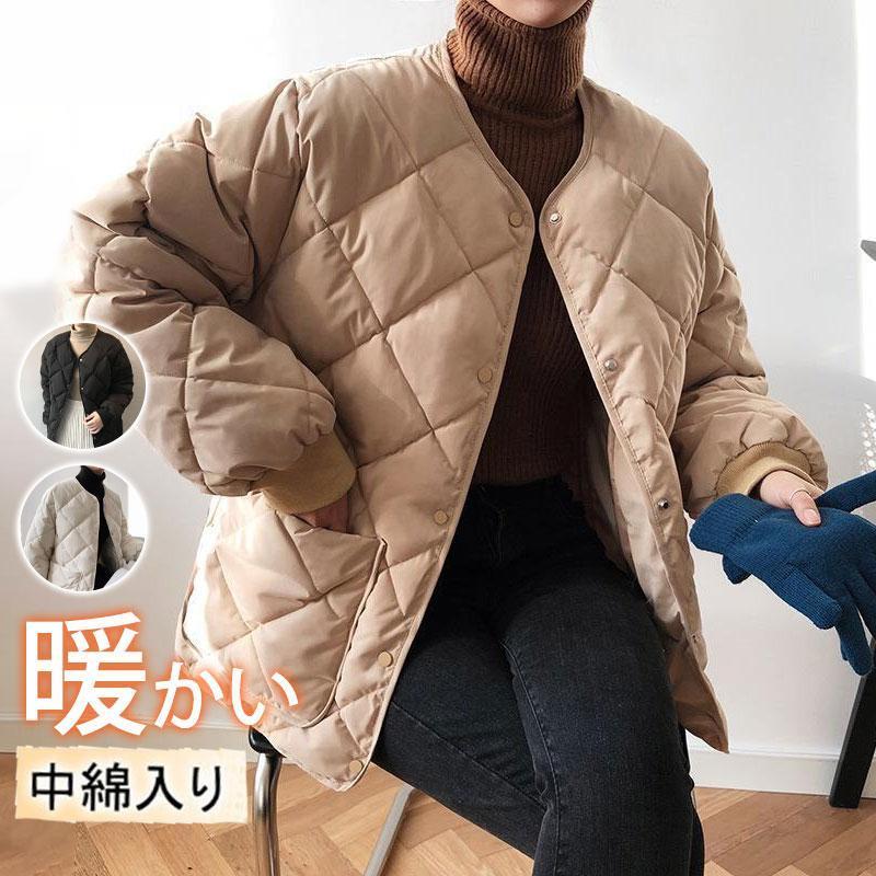キルティングジャケット レディース ジャンパー ノーカラー ダウンコート 中綿コート あったか 長袖 秋 冬 アウター 羽織り ナチュラル