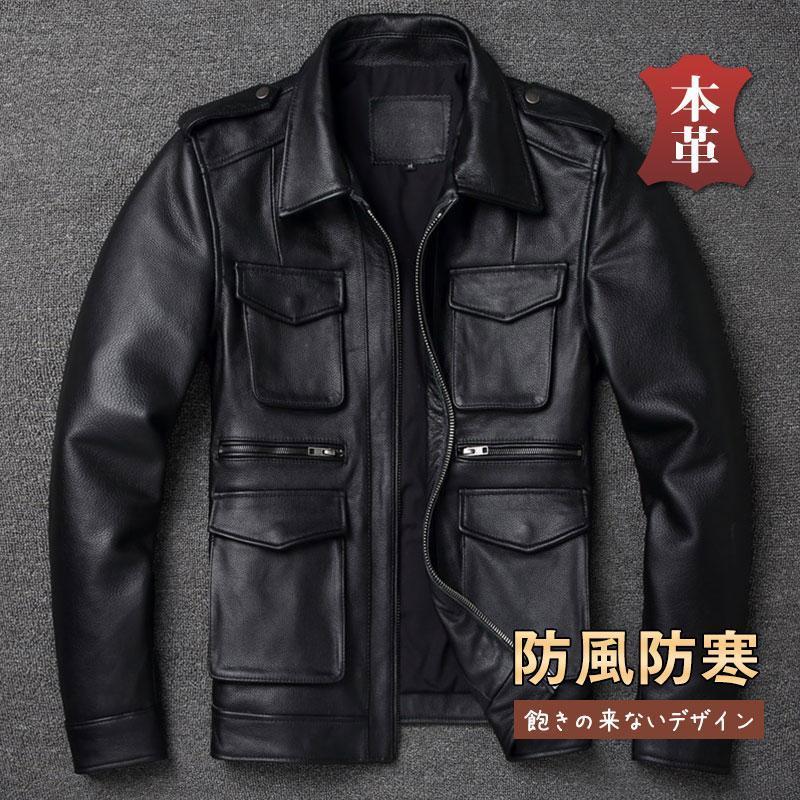 乐天商城 - ライダースジャケット 本革 メンズ シングル レザージャケット 立ち襟 秋冬 革ジャン 皮ジャン バイク 防風 ブルゾン B系 冬服 バイカー