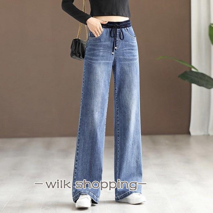 乐天商城 - ワイドパンツ レディース デニムパンツ ロング パンツ ウエストゴム デニム ジーンズ ボトムス ガウチョパンツ 体型カバー