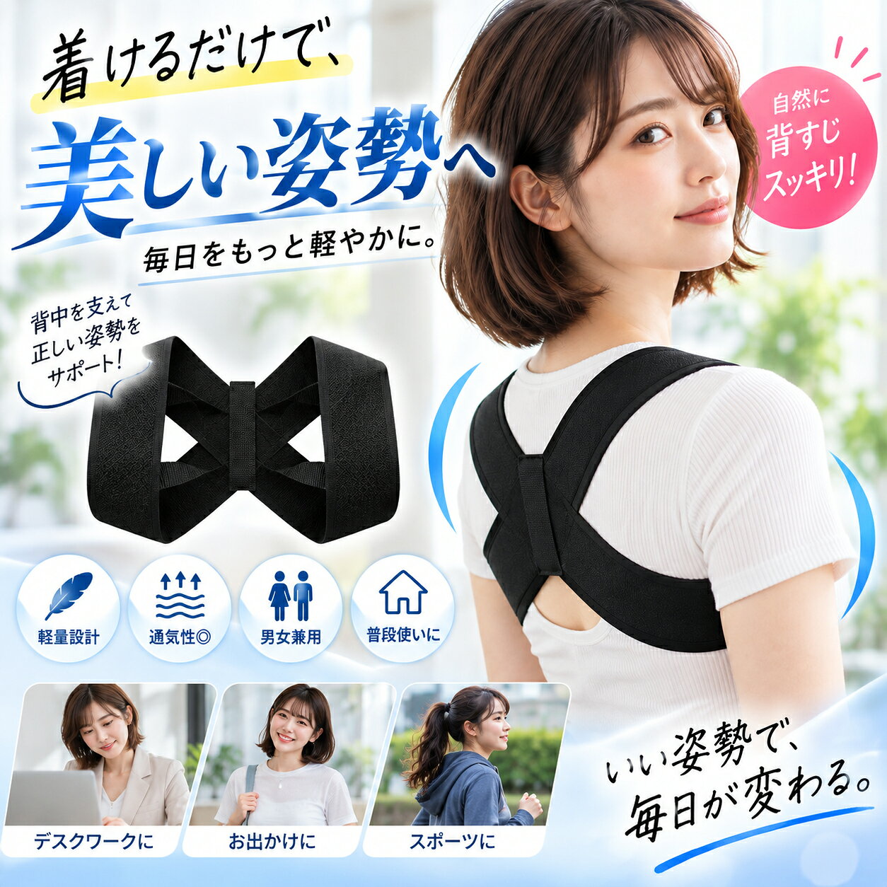 商品名 猫背姿勢ベルト 姿勢サポーター 背中サポーター 巻き肩 背筋 背中 猫背ベルト 目立たない 脱着簡単 猫背から美しい姿勢へ 通気性優れ 作業用 男女兼用 仕樣 サイズ：S~XL 商品用途 使用方法：姿勢矯正 対象年齢：大人 色：ブラック 備　考 7日間価格保護サービス付き / 1年間保証付き ご注意 ?サイズや重さは素材の特性上、多少の誤差があります。あらかじめご了承ください。?写真の撮り方や光の当て具合により若干色合いが異なることがございますのでご了承ください。 商品説明 【猫背矯正ベルト】 猫背矯正ベルト、現代のライフスタイルに合わせたデザインで、長時間のデスクワークやスマホ使用による猫背を自然にサポートします。専門家の指導のもとで開発された猫背補正ベルトです。日常の動作の中で自然に姿勢を矯正し、美しい姿勢を取り戻しましょう。 【姿勢矯正 強力な補正力】 しっかりと体にフィットし、無理なく姿勢を矯正します。自然なフィット感を実現し、装着時に違和感がありません。背筋をしっかりとサポートし、正しい姿勢を無意識のうちに保てます。日々の生活で長時間使用しても安定したサポート力を維持します。 【猫背矯正 通気性快適！】 姿勢サポーターは、体の前側で簡単に脱着可能です。誰でも簡単に装着でき、着用感を微調整しながら腰をしっかりと支え、猫背を改善します。家事、仕事、運動中でも、軽量なデザインでどんな場面でも使用可能です。初めて使用する際は少し違和感を覚えるかもしれませんが、短時間から始めて徐々に慣れてください。 【姿勢矯正ベルト】 先端部分には緊急脱出用ガラスブレーカーを搭載。万が一の事故や水没など、車内から脱出が必要な状況に備える防災アイテムとしても活躍します。普段使いから非常時まで幅広く対応。 【背筋矯正ベルト サイズ選ぶ】 S：45-60KG、 M：60-70KG、 L ：70-80KG、 XL：80-90KG。 自分にぴったりのサイズで、最高の補正効果を実感してください。1日2時間の装着を続けるだけで、21日以内に体のポジティブな変化を感じ、より美しい姿勢へと導きます。 カスタマーサービスお手元に届いた商品についてご不明な点がございましたら、お気軽にお問い合わせください。私たちは、7 *24時間以内にあなたの問題を解決 するために最善を尽くします。安心充実のサービス商品のお届けから、ご購入後のアフターサービスまで、トータルでご満足頂けるように努めています。 価格保護対象 1年間保証 ご予約注文 安心と信頼の「価格保護サービス」 注文日時から7日以内に弊店の製品価格の減額を行った場合、購買額(合計金額＋クーポン)と値下げ後の販売価格の差額の返金を求めることができます。詳細は「ショップへ相談」/「問い合わせ」でご連絡ください。 安心と信頼の「1年間保証」 機能の損壊・部品の紛失など予期せぬトラブルにも無償で対応。ご購入365日以内に不具合が発生した場合、新しくご交換させて頂きます。 ご予約オーダー「15-20日間納品」 職人が手作業でお仕立てしているため、ご予約オーダーにてご注文をお受けしております。現在の受付分が完売となりますと、次回受付・お届け時期は未定となっておりますので、お早めにご覧いただけますと幸いです。