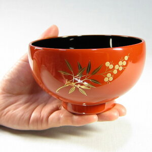 輪島塗 漆器 お椀 純金手描蒔絵 南天-オレンジ朱-
