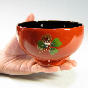 輪島塗 漆器 お椀 純金手描蒔絵 クローバー-オレンジ朱-