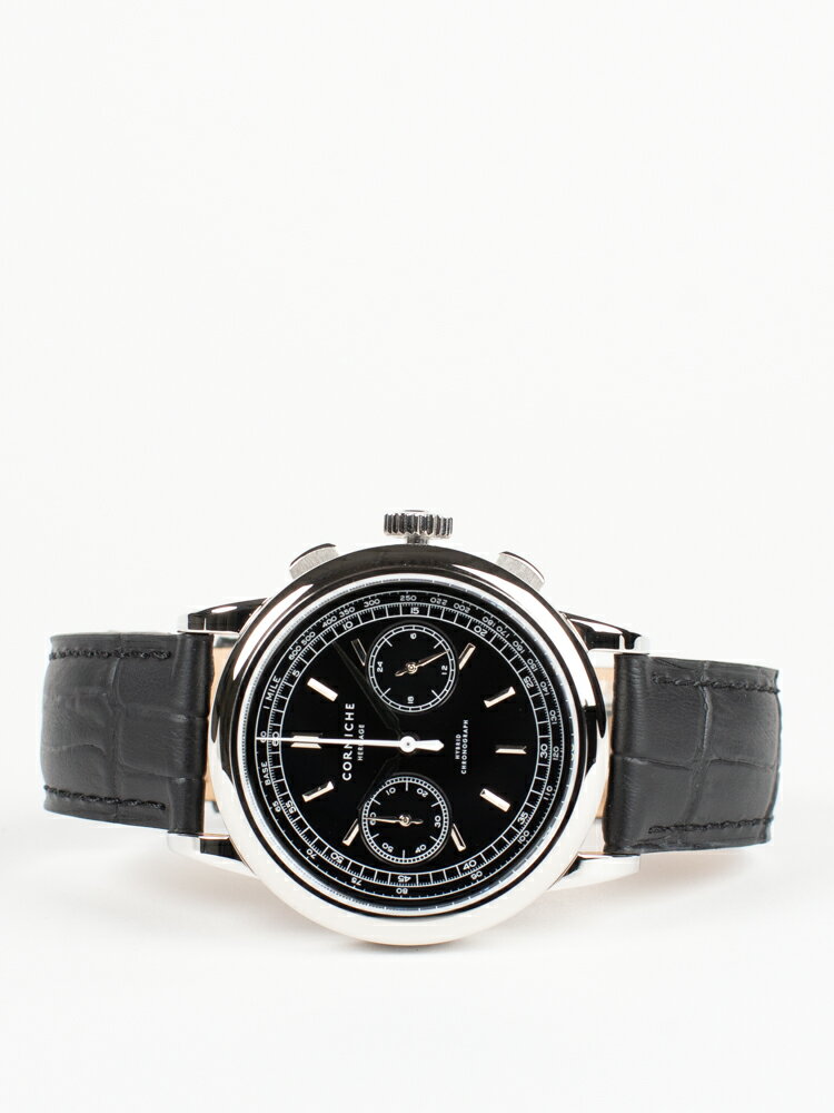 日本正規取扱い店舗【CORNICHE】コーニッシュ Heritage Chronograph シルバーケース ブラックダイアル ブラックレザー 時計メンズ 北欧ブランド腕時計 ヘリテージクロノグラフ コーニッシュウォッチ 20代 30代 40代 50代 60代 男性女性 通販 大人上品ラグジュアリー