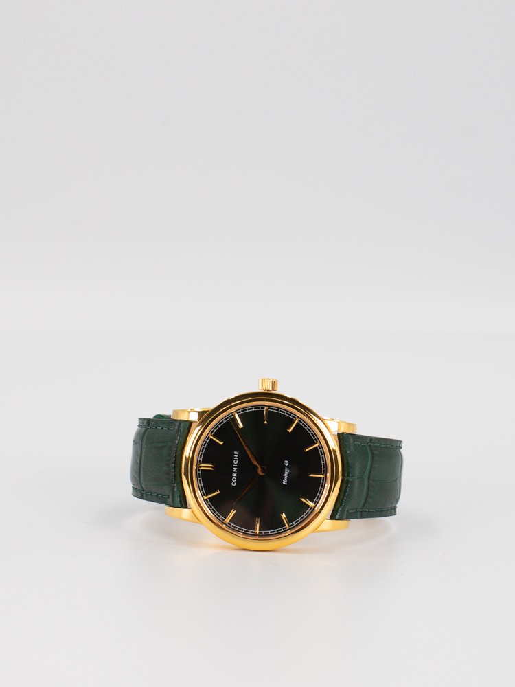 日本正規取扱い店舗【CORNICHE】コーニッシュ The Heritage 40 イエローゴールドケース グリーンダイアル グリーンレザー 時計 20代 30...