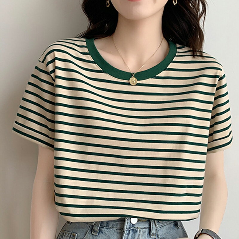 T-シャツ 半袖 レディース 綿 コットン ベージュ トップス ボーダーTシャツ シンプル 丸首 クルーネック ゆったり カジュアル きれいめ 体型カバー 二の腕カバー エンブロイダリー 春夏 春 夏 秋高校生 20代 30代 40代
