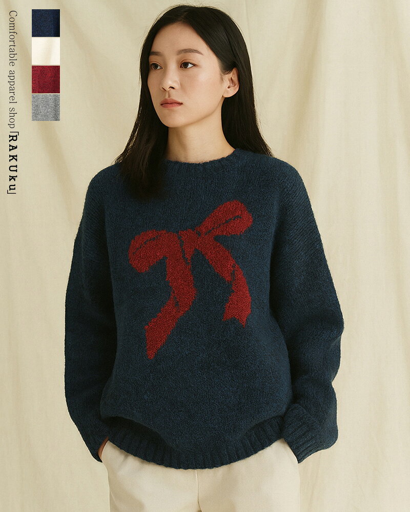 Rakuten - 4color フロントリボン クルーネック ニットプルオーバー ゆったり 暖かい