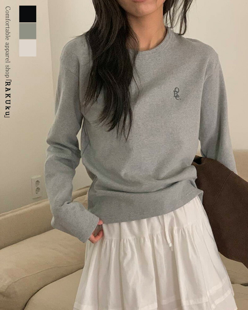 樂天商城 - 3color ワンポイント ラウンドカットソートップス 長袖 韓国ファッション madeinkorea