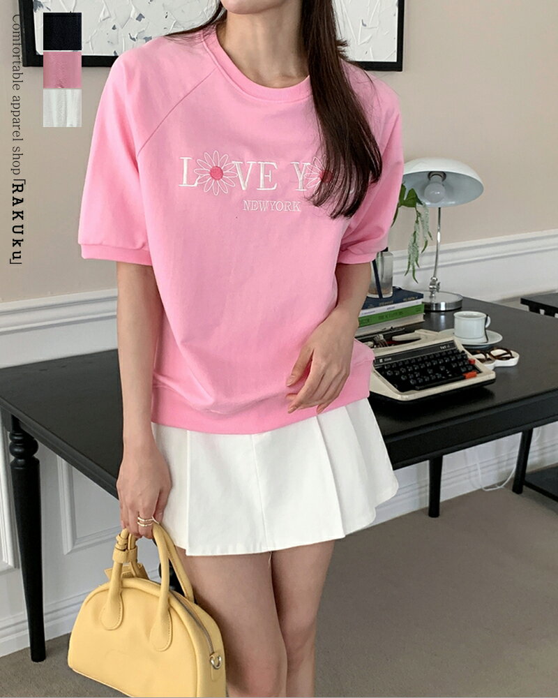 Rakuten - 【3color】 ラグランスリーブ デイジー ロゴ スウェットTシャツ 半袖 韓国ファッション madeinkorea