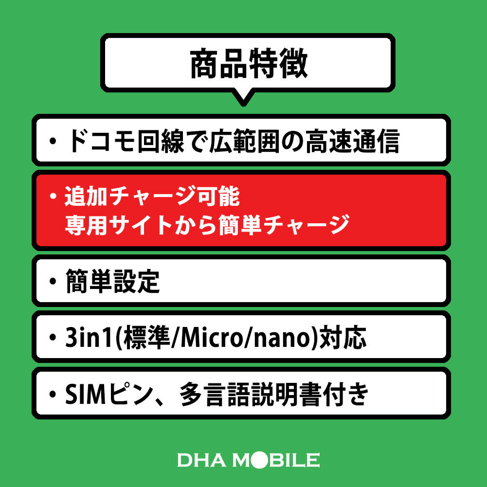 【追加チャージ可能】 プリペイドSIM 日本 SIMカード 180日間 10GB 簡単設定 説明書付 ドコモ IIJネットワーク 4G/LTE回線 3in1(標準/Micro/Nano切替) データ通信専用 テザリング可能 simフリー端末のみ対応