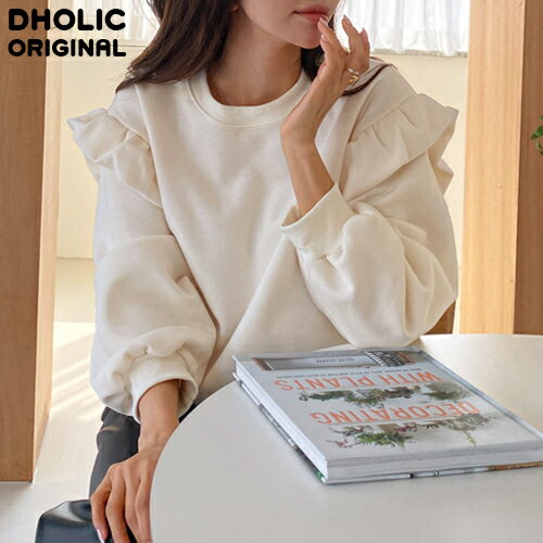 レディース 韓国ファッション トップス スウェット 長袖 ラウンドネック 無地 フリル 裏起毛 伸縮性 綿..