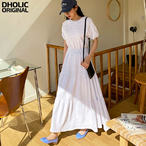 [0501NEW]レディース 韓国ファッション スウェットワンピース Aライン フレアワンピース ロングワンピース 半袖 ティーアド 綿混 楽ちん ガーリー フェミニン カジュアル お出かけ 春 夏 D53B27 dholicoriginal