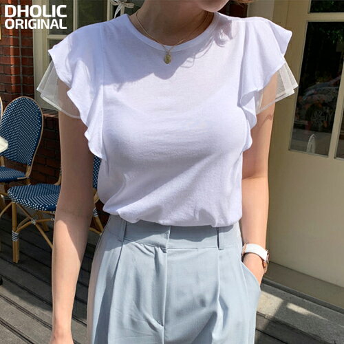 [0403NEW]レディース 韓国ファッション トップス Tシャツ カットソー 3丈袖 半袖 ラウンドネック ラッフル 綿 コットン 薄手 伸縮性 フェミニン オフィス カジュアル デイリー 着回し 夏 d53b37 dholicoriginal mrt29