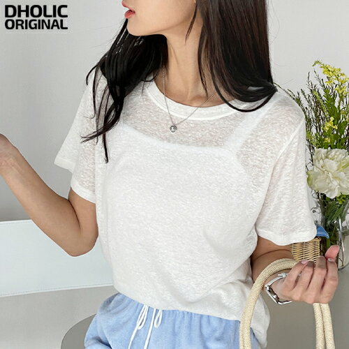[0403NEW]レディース 韓国ファッション トップス Tシャツ カットソー 半袖 ラウンドネック シースルー 透け感 リネン混 薄手 伸縮性 プチプラ ベーシック カジュアル デイリー 着回し 夏 d61e23 dholicoriginal