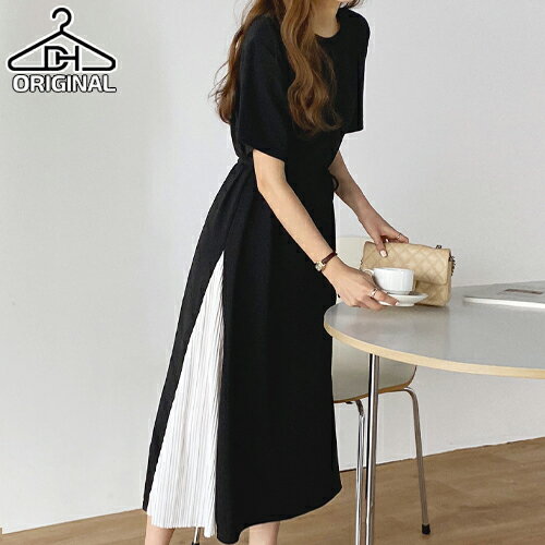樂天商城 - [0626NEW]レディース 韓国ファッション ワンピース ロングワンピース 半袖 ラウンドネック プリーツ ストラップセット プチプラ フェミニン オフィス カジュアル お出かけ 春 夏 d51b23 dholicoriginal
