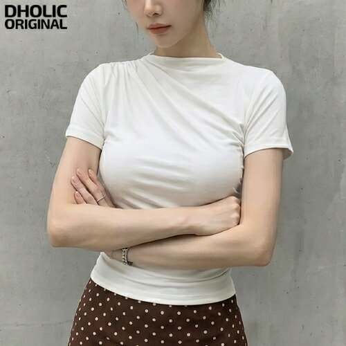 Rakuten - レディース 韓国ファッション トップス Tシャツ カットソー 半袖 クロップド モックネック 無地 ギャザー 伸縮性 プチプラ フェミニン オフィス カジュアル デイリー 着回し 春 夏 D23559 dholicoriginal