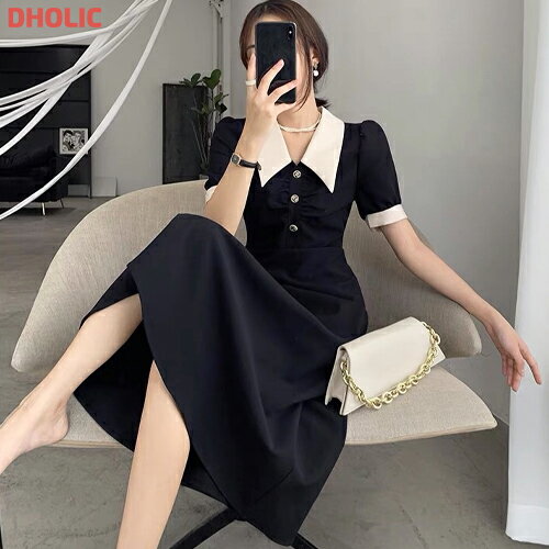 ops レディース 韓国ファッション ロングワンピース 半袖 パフスリーブ カラーネック Aライン フレア 薄手 シック 上品 ガーリー フェミニン オフィス カジュアル 着回し v90001 mrtopのサムネイル