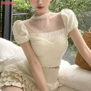 set レディース 韓国ファッション 上下セット トップス 半袖シャツ カットソー シースルー パフスリーブ クロップド ボトムス ミニスカート ティアード ラブリー ガーリー カジュアル デート 夏 v90001
