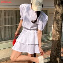 set レディース 韓国ファッション キュロット スカートパンツ トップス 半袖 クロップド ショートパンツ パワーショルダー ティーアド ウエストゴム 綿混 楽ちん シンプル ガーリー カジュアル お出かけ 春 夏 d53b27 BADA