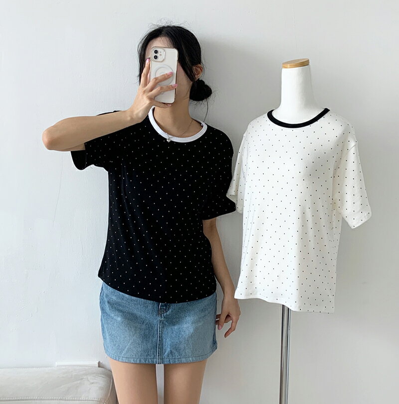 top レディース 韓国ファッション トップス カットソー Tシャツ 半袖 クロップド ラウンドネック ドローコード 薄手 ドット柄 スリム プチプラ シンプル 学生 ガーリー カジュアル デイリー 着回し 夏 d41a10 BADA