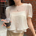 sete レディース 韓国ファッション アンサンプル トップス 半袖 ノースリーブ パフスリーブ クロップド シースルー 透ける 薄手 二の腕カバー ガーリー フェミニン カジュアル オフィス デイリー 着回し お出かけ 夏 v90001 IPUMU