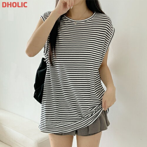 top レディース 韓国ファッション トップス カットソー Tシャツ ノースリーブ フレンチスリーブ ロング 綿混 薄手 ボーダー ゆったり プチプラ シンプル カジュアル デイリー 着回し お出かけ 夏 d41a10 BADA
