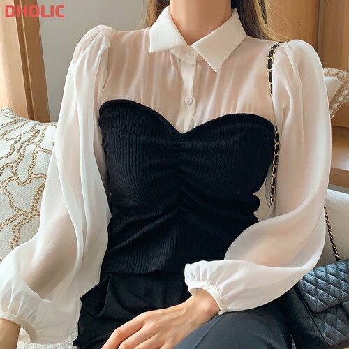 top レディース 韓国ファッション トップス ブラウス 長袖 クロップド カラーネック 襟 レイヤード風 ..