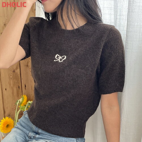 top レディース 韓国ファッション トップス ニット 半袖 クロップド ラウンドネック ロゴ リボン プチ..
