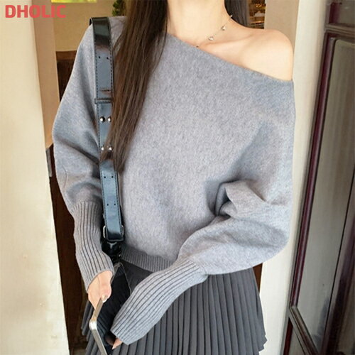 レディース 韓国ファッション トップス ニット 長袖 ボートネック ワンショル ワンショルダー 伸縮性 ..