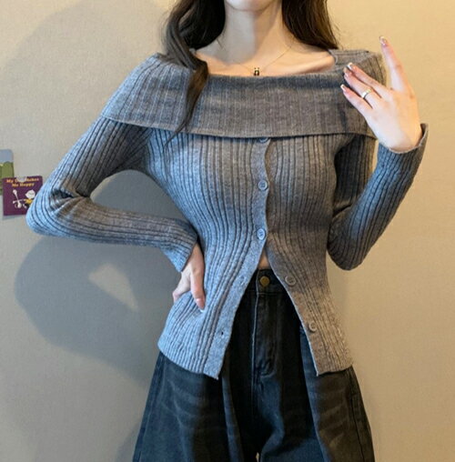 DHOLICのレディース 韓国ファッション トップス ニット リブニット 長袖 スクエアネック オフショル オフショルダー 伸縮性 厚手 スリム セクシー ラブリー かわいい カジュアル 着回し デート 春 秋 冬 d55b34｜アングル2
