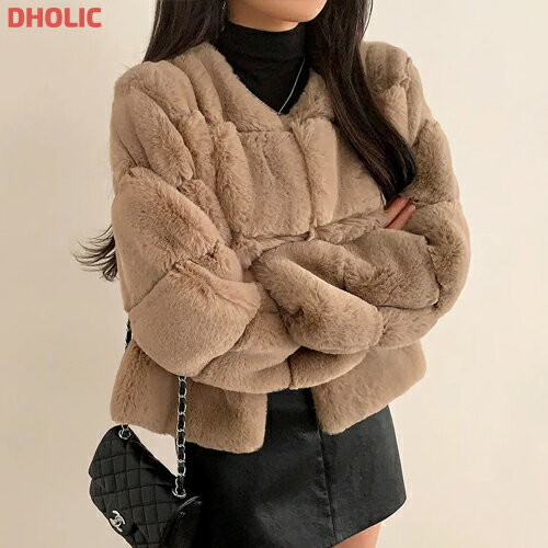 レディース 韓国ファッション アウター ファージャケット ショート丈 クロップド 長袖 ラウンドネック 厚手 シック フェミニン 結婚式 オケージョン 着回し お出かけ デート 冬 N19000のサムネイル