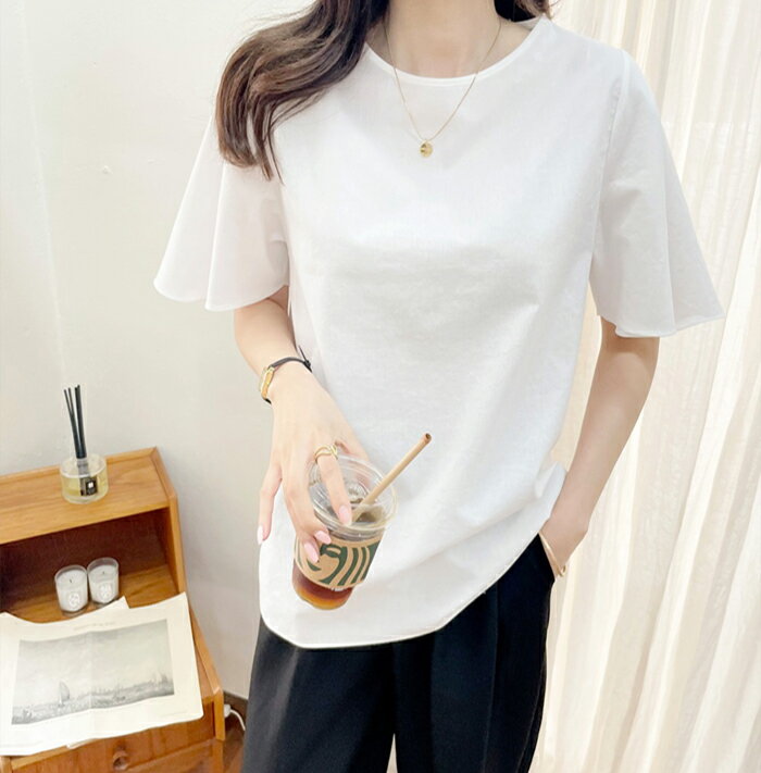 top レディース 韓国ファッション トップス カットソー Tシャツ 半袖 ラッフルスリーブ 無地 二の腕カバー プチプラ ガーリー フェミニン カジュアル オフィス デイリー 着回し 夏 d65f06-1 dorg