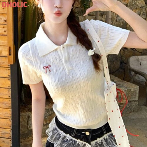 top レディース 韓国ファッション トップス ニット 半袖 クロップド ポロカラーネック リボン スリム ..