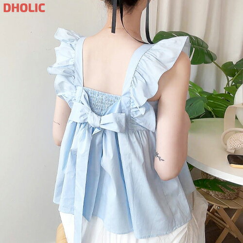 top レディース 韓国ファッション トップス ブラウス ノースリーブ フリルスリーブ ペプラム リボン結び プチプラ ラブリー ガーリー フェミニン カジュアル 着回し デート 夏 v90001 dh+のサムネイル
