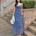 シフォンシャーリングドローストリングバックゴムロングプリントキャミワンピース