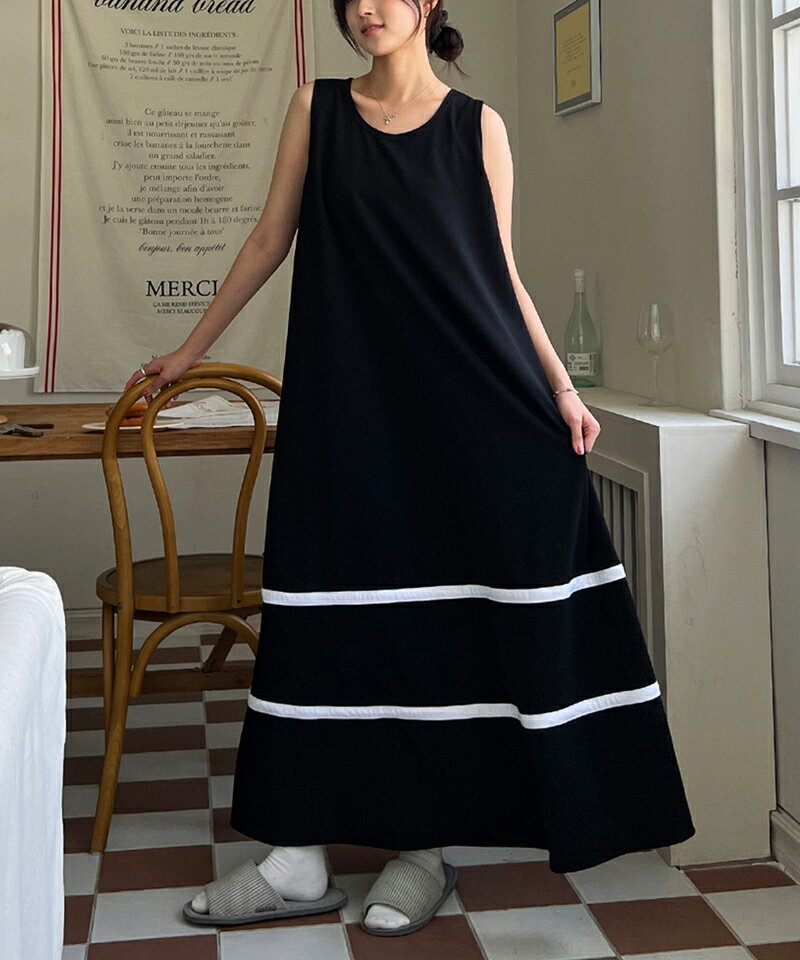 ops レディース 韓国ファッション ノースリーブ ロングワンピース ラウンドネック 伸びる 配色 楽ちん オーバーサイズ シンプル カジュアル フェミニン デイリー 着回し 春 夏 SSAFTC