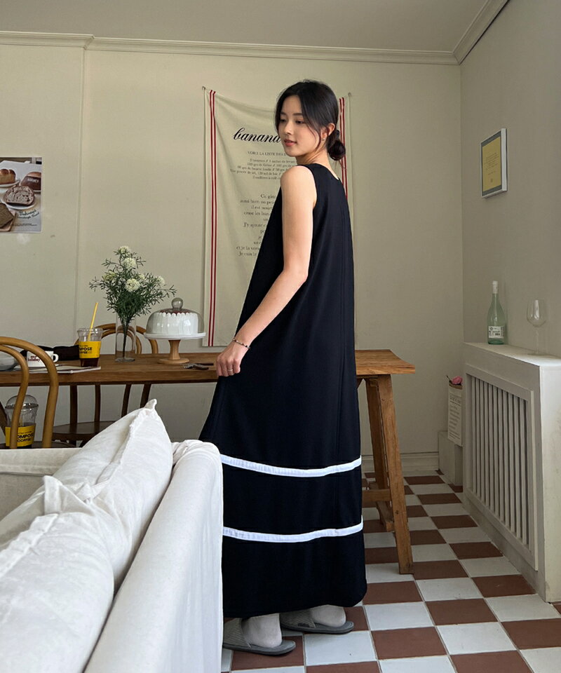 ops レディース 韓国ファッション ノースリーブ ロングワンピース ラウンドネック 伸びる 配色 楽ちん オーバーサイズ シンプル カジュアル フェミニン デイリー 着回し 春 夏 SSAFTC