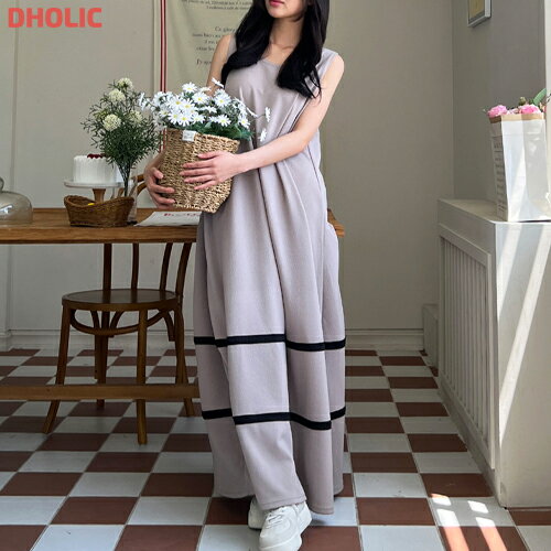 ops レディース 韓国ファッション ノースリーブ ロングワンピース ラウンドネック 伸びる 配色 楽ちん オーバーサイズ シンプル カジュアル フェミニン デイリー 着回し 春 夏 SSAFTC