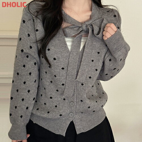 リボンボタンルーズドットカーディガン