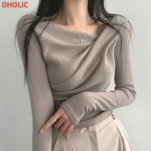 レディース 韓国ファッション トップス Tシャツ カットソー クロップド 長袖 ドレープ 無地 綿混 スリム フェミニン シンプル オフィス デイリー 春 秋 冬 SSLILIのサムネイル