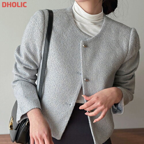 レディース 韓国ファッション アウター ツイードジャケット ショート丈 クロップド 長袖 ラウンドネッ..