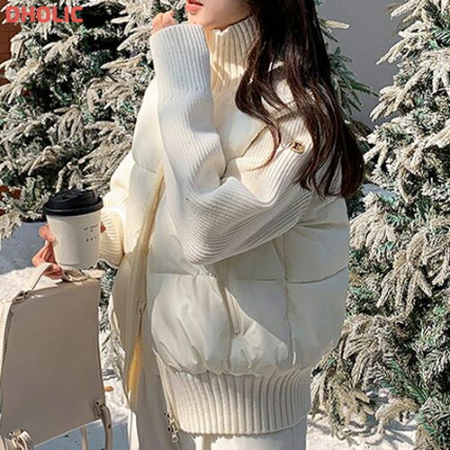 レディース 韓国ファッション アウター ダウンジャケット ダウンコート 中綿 ショート丈 クロップド 長袖 ハイネック 配色 リブ ニット 厚手 スリム フェミニン カジュアル シック お出かけ 秋 冬 BDKEECのサムネイル