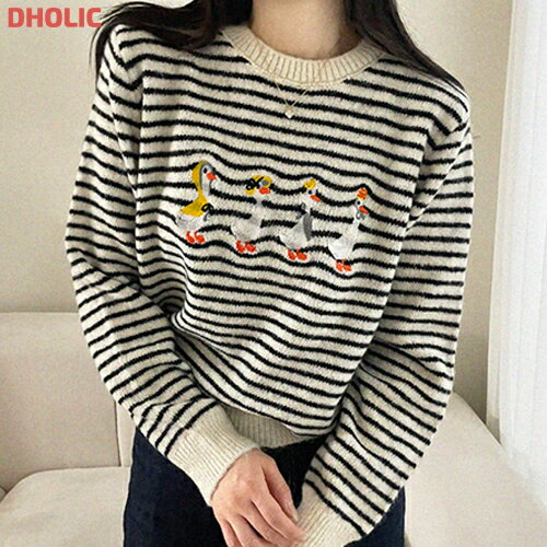 レディース 韓国ファッション トップス ニット 長袖 クロップド ラウンドネック アニマル ボーダー 刺..