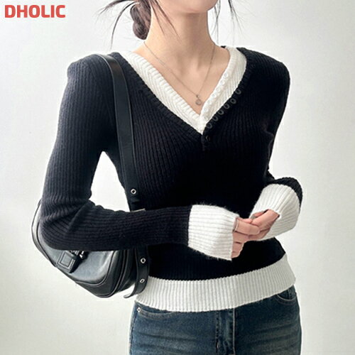 レディース 韓国ファッション トップス ニット リブニット クロップド 長袖 Vネック レイヤード レイヤ..