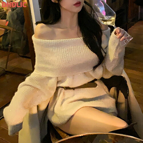 [1119NEW]レディース 韓国ファッション トップス ニット リブニット ロング丈 長袖 オフショル オフショルダー スパンコールベルトセット 伸縮性 ゆったり フェミニン セクシー シック お出かけ 春 秋 冬 sswnbe(4)