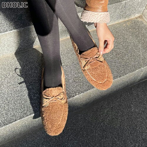 【スーパーセール】レディース 韓国ファッション シューズ 靴 フラットシューズ リボンモチーフ ファー..