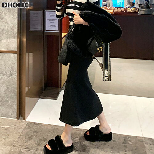 ストレッチ裏起毛ロングマーメイドスリムウエストゴムスカート