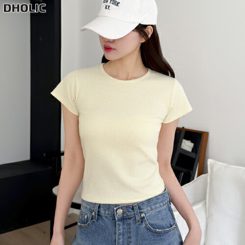 樂天商城 - レディース 韓国ファッション トップス Tシャツ カットソー 3丈袖 半袖 ラウンドネック リブ 綿混 プチプラ ガーリー カジュアル デイリー 着回し 夏 D61c07